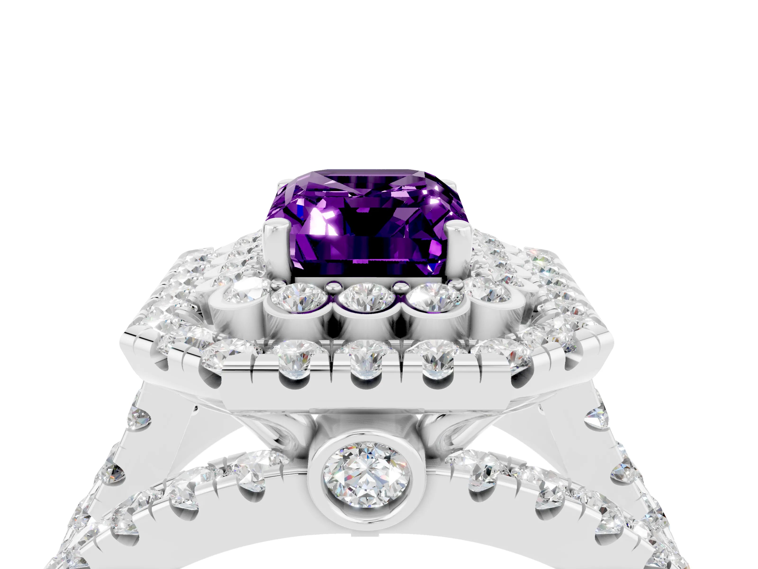 White gold Double Halo Emerald Cut Diamond Split Shank Pave Set Ring_4