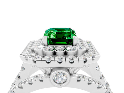 White gold Double Halo Emerald Cut Diamond Split Shank Pave Set Ring_4