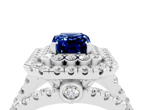 White gold Double Halo Emerald Cut Diamond Split Shank Pave Set Ring_4