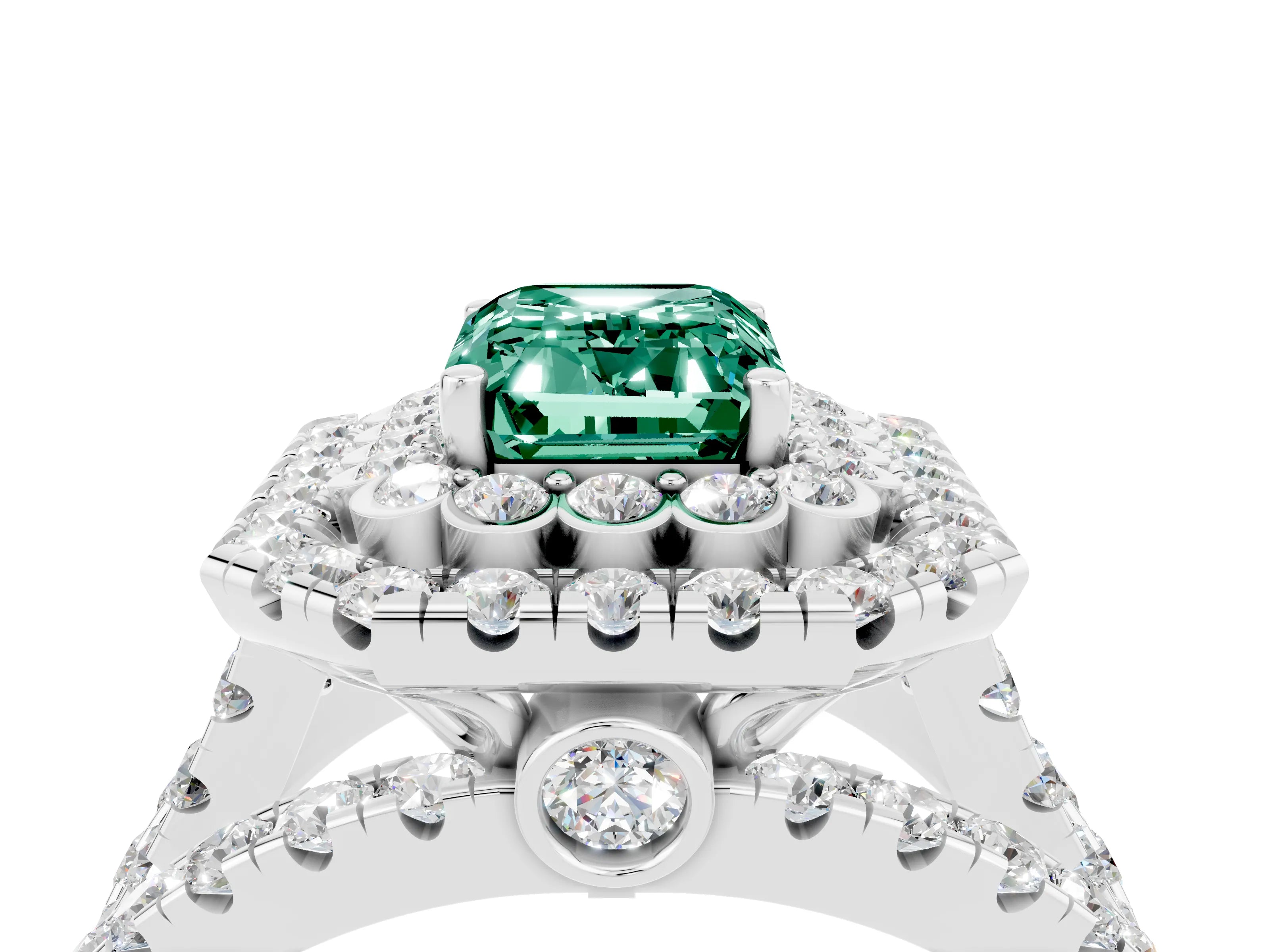 White gold Double Halo Emerald Cut Diamond Split Shank Pave Set Ring_4