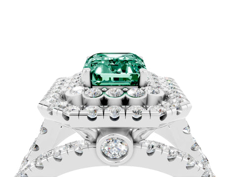 White gold Double Halo Emerald Cut Diamond Split Shank Pave Set Ring_4