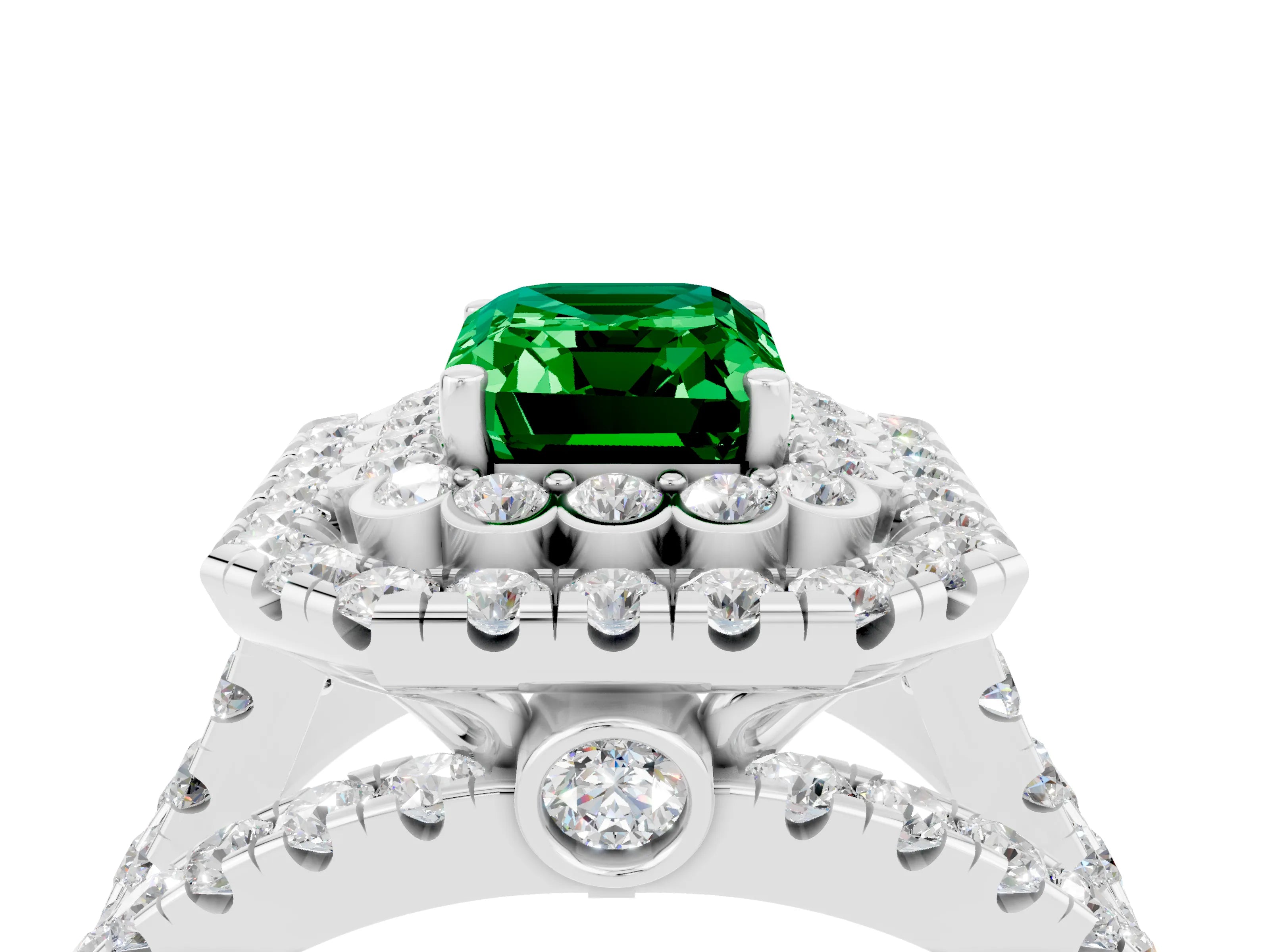 White gold Double Halo Emerald Cut Diamond Split Shank Pave Set Ring_4