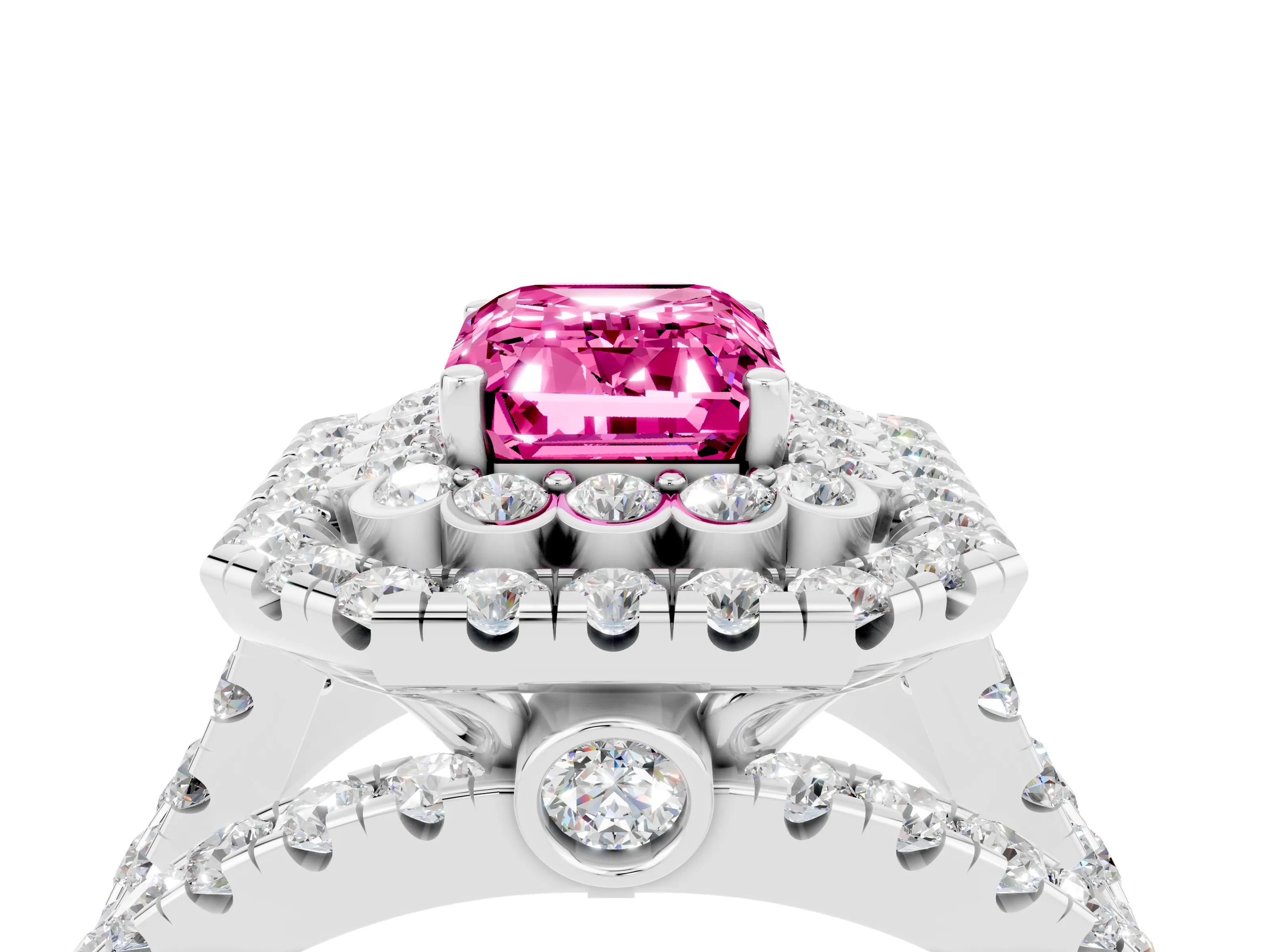 White gold Double Halo Emerald Cut Diamond Split Shank Pave Set Ring_4