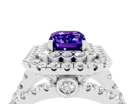 White gold Double Halo Emerald Cut Diamond Split Shank Pave Set Ring_4