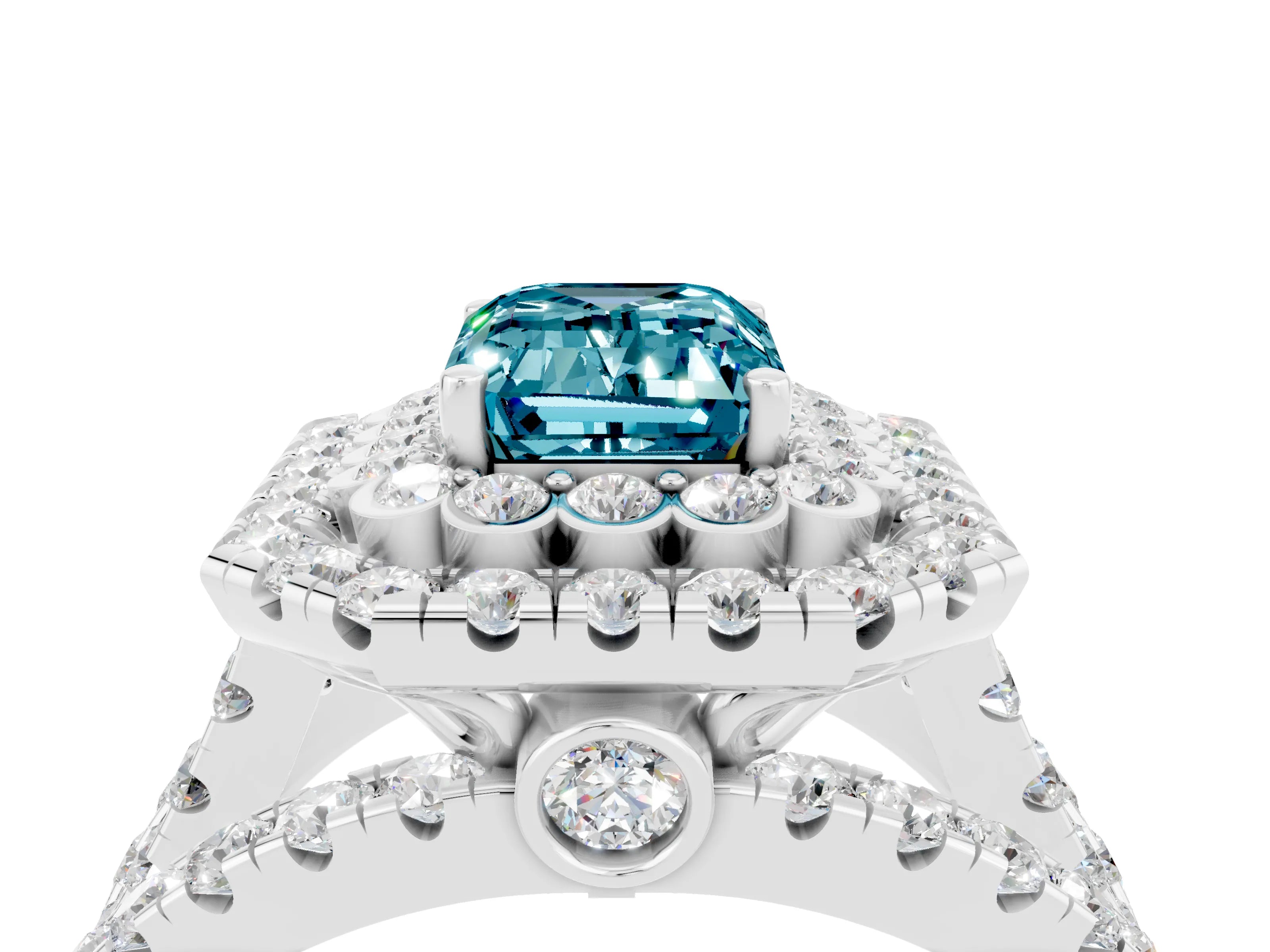White gold Double Halo Emerald Cut Diamond Split Shank Pave Set Ring_4