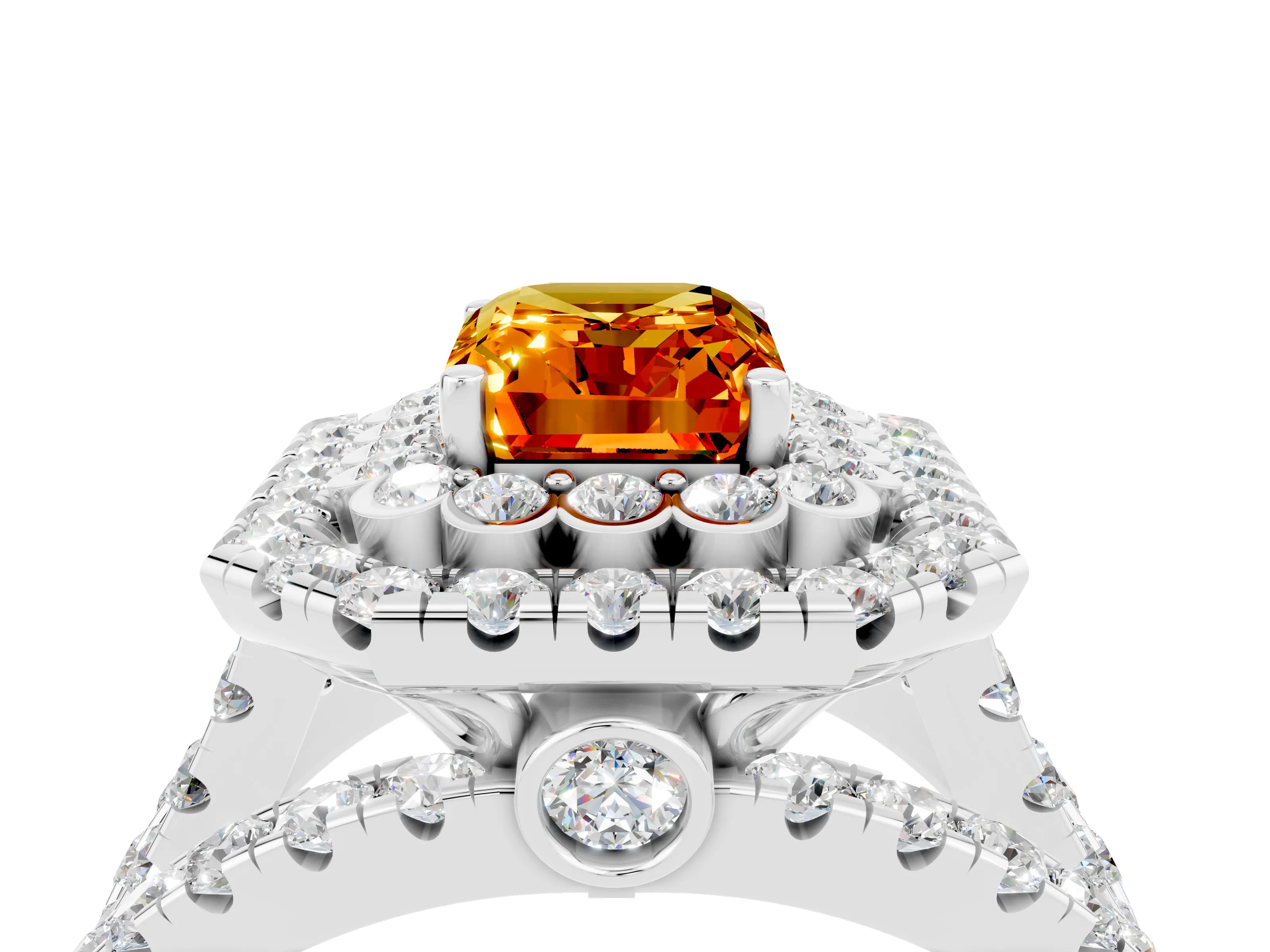 White gold Double Halo Emerald Cut Diamond Split Shank Pave Set Ring_4