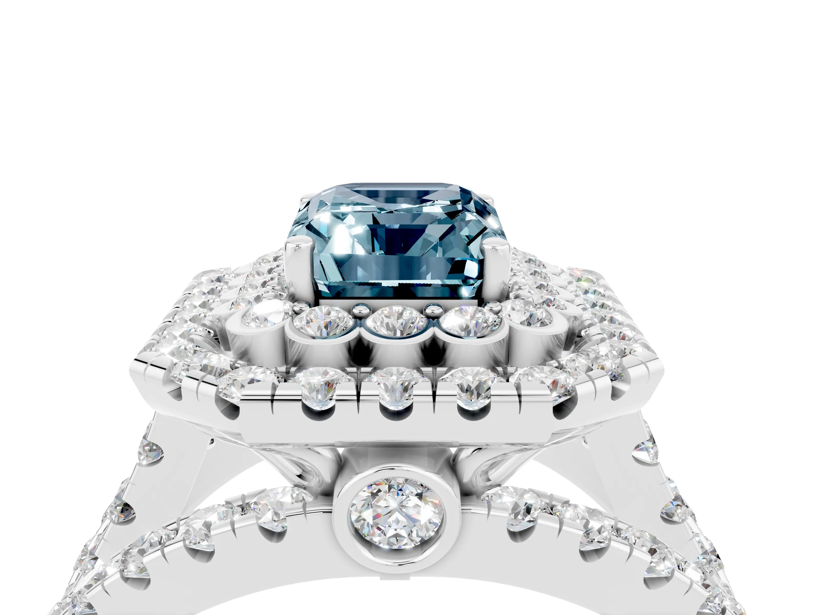 White gold Double Halo Emerald Cut Diamond Split Shank Pave Set Ring_4