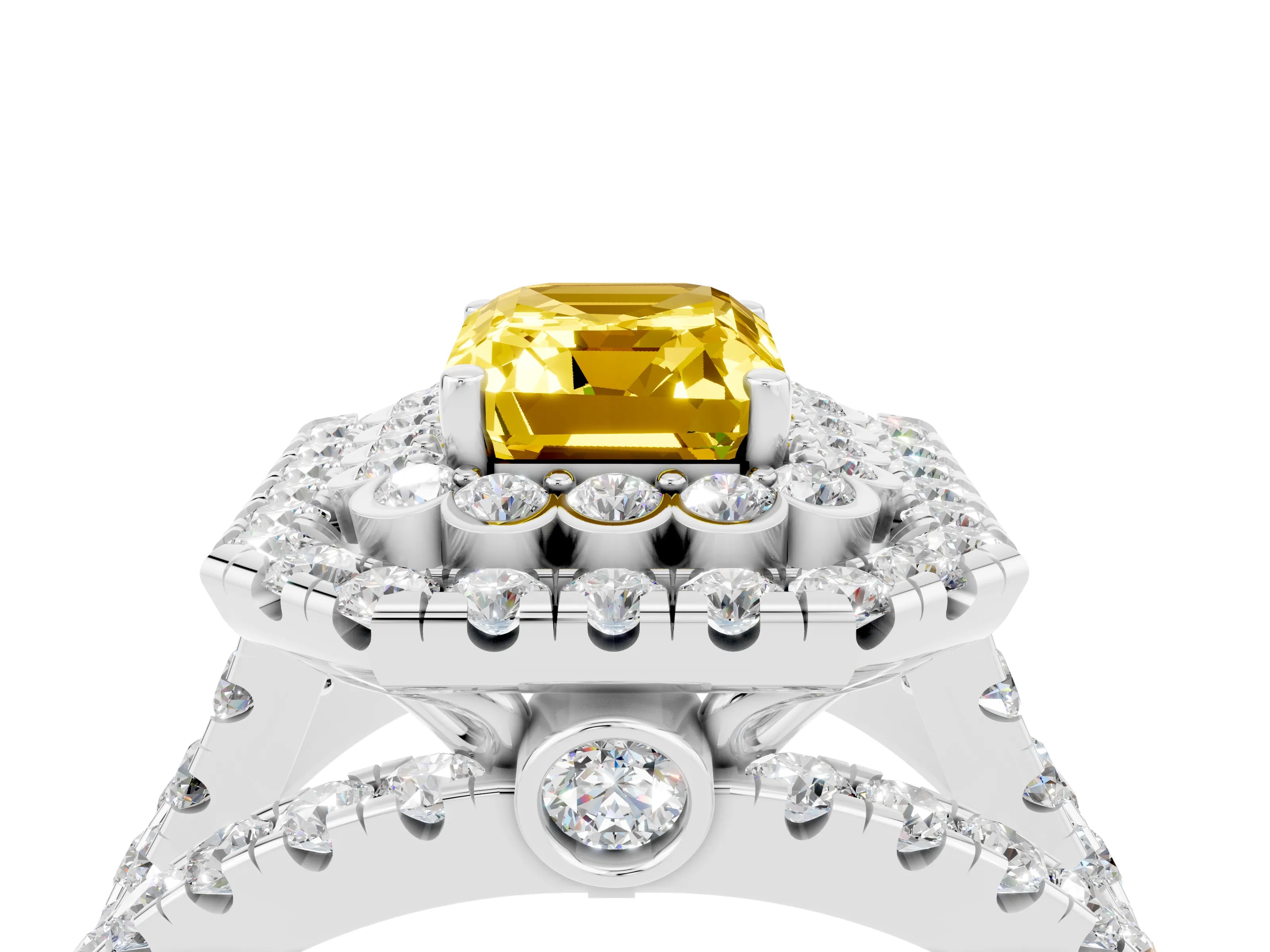 White gold Double Halo Emerald Cut Diamond Split Shank Pave Set Ring_4