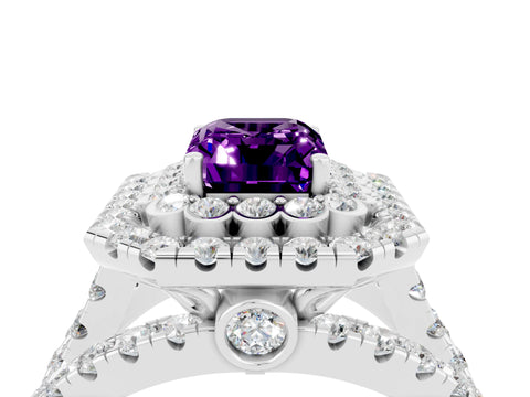 White gold Double Halo Emerald Cut Diamond Split Shank Pave Set Ring_4