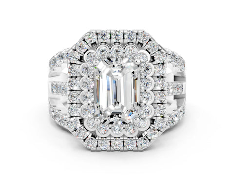 White gold Double Halo Emerald Cut Diamond Split Shank Pave Set Ring