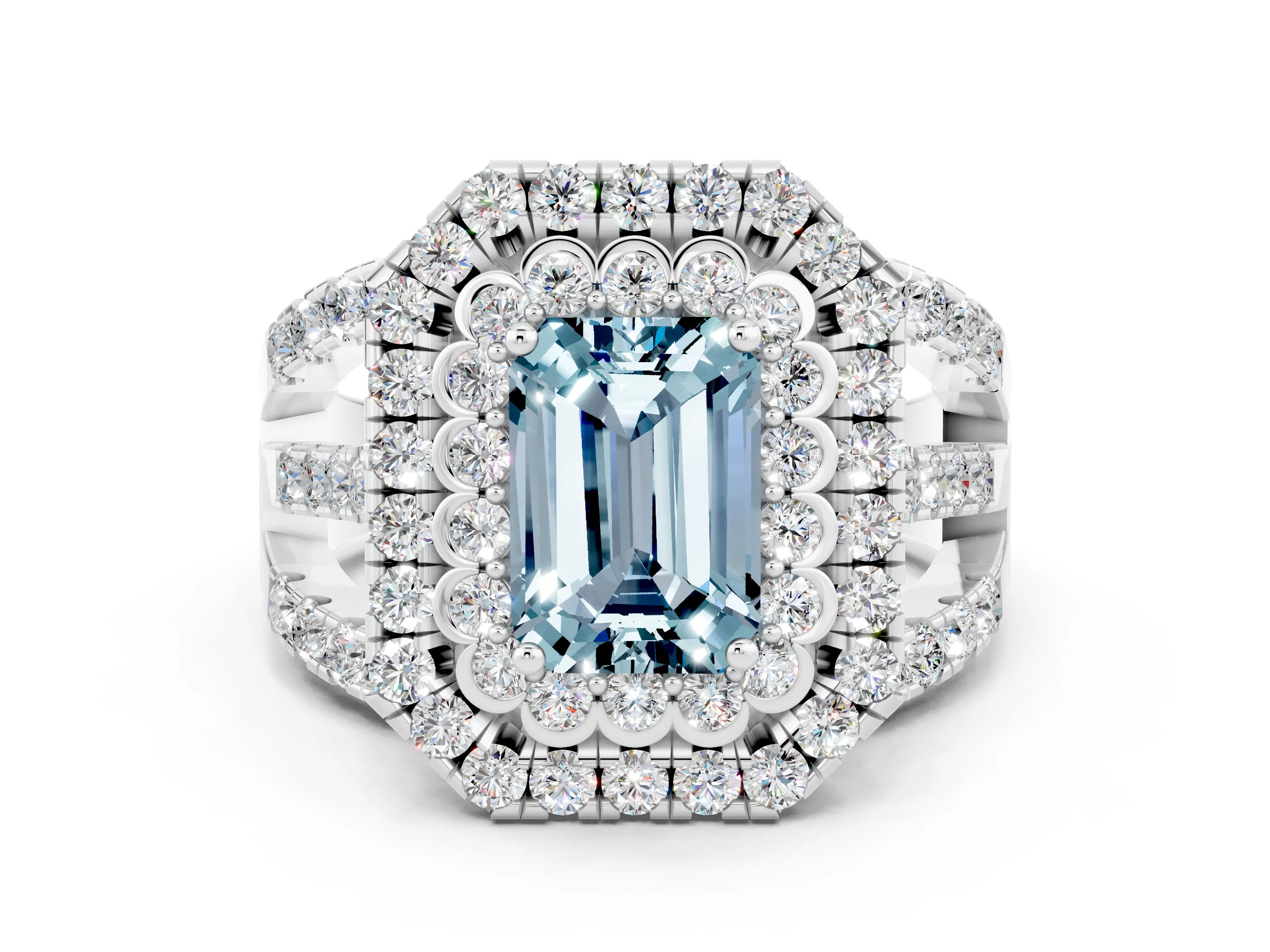White gold Double Halo Emerald Cut Diamond Split Shank Pave Set Ring