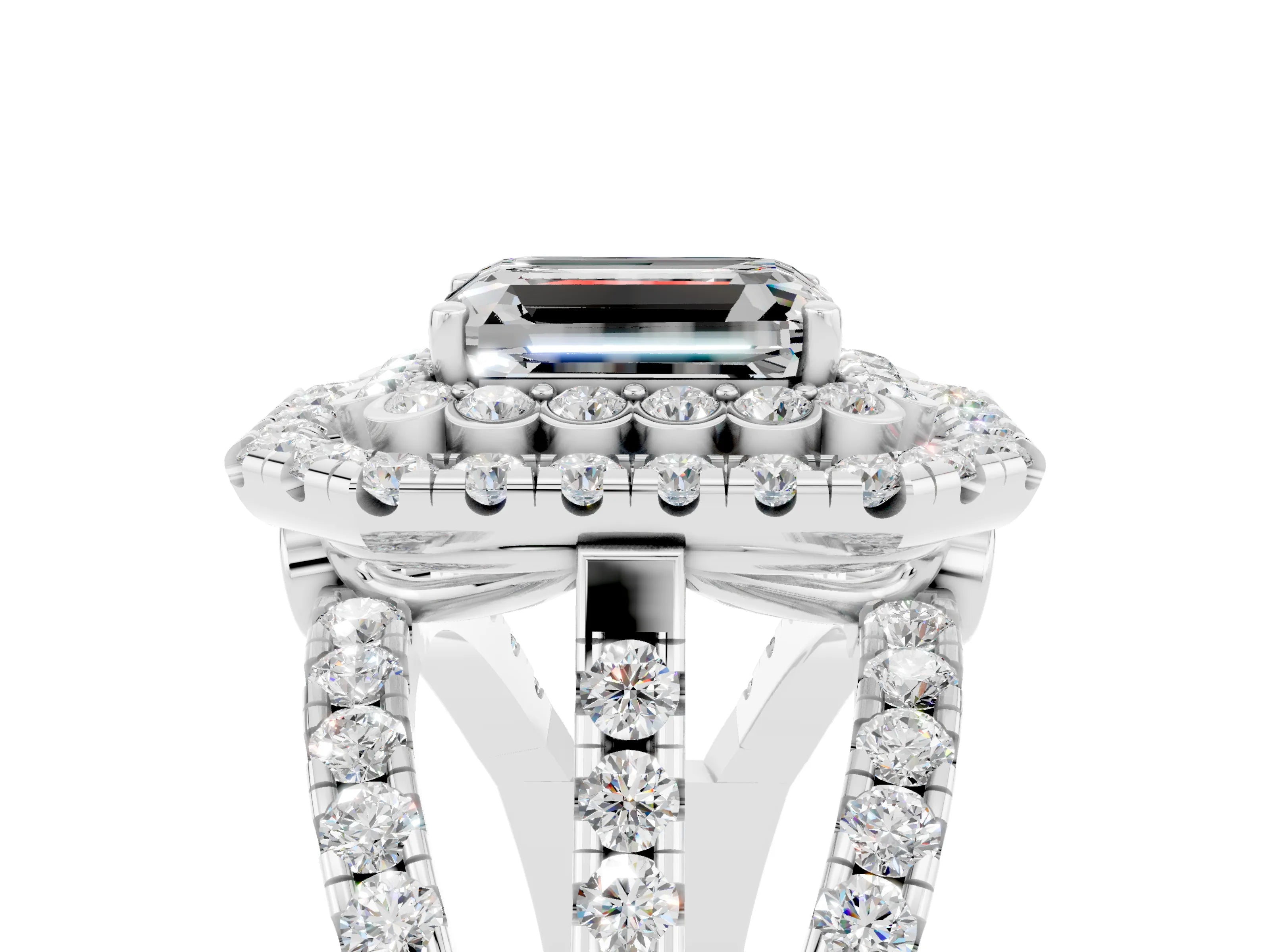 White gold Double Halo Emerald Cut Diamond Split Shank Pave Set Ring_5