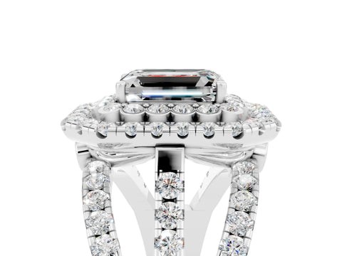 White gold Double Halo Emerald Cut Diamond Split Shank Pave Set Ring_5