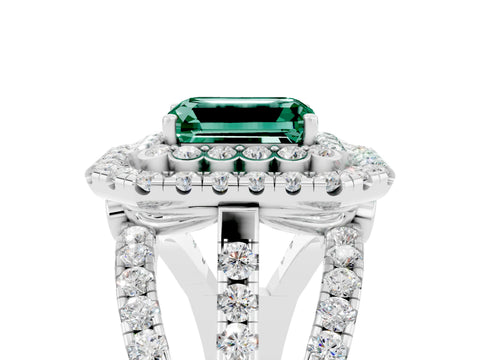 White gold Double Halo Emerald Cut Diamond Split Shank Pave Set Ring_5