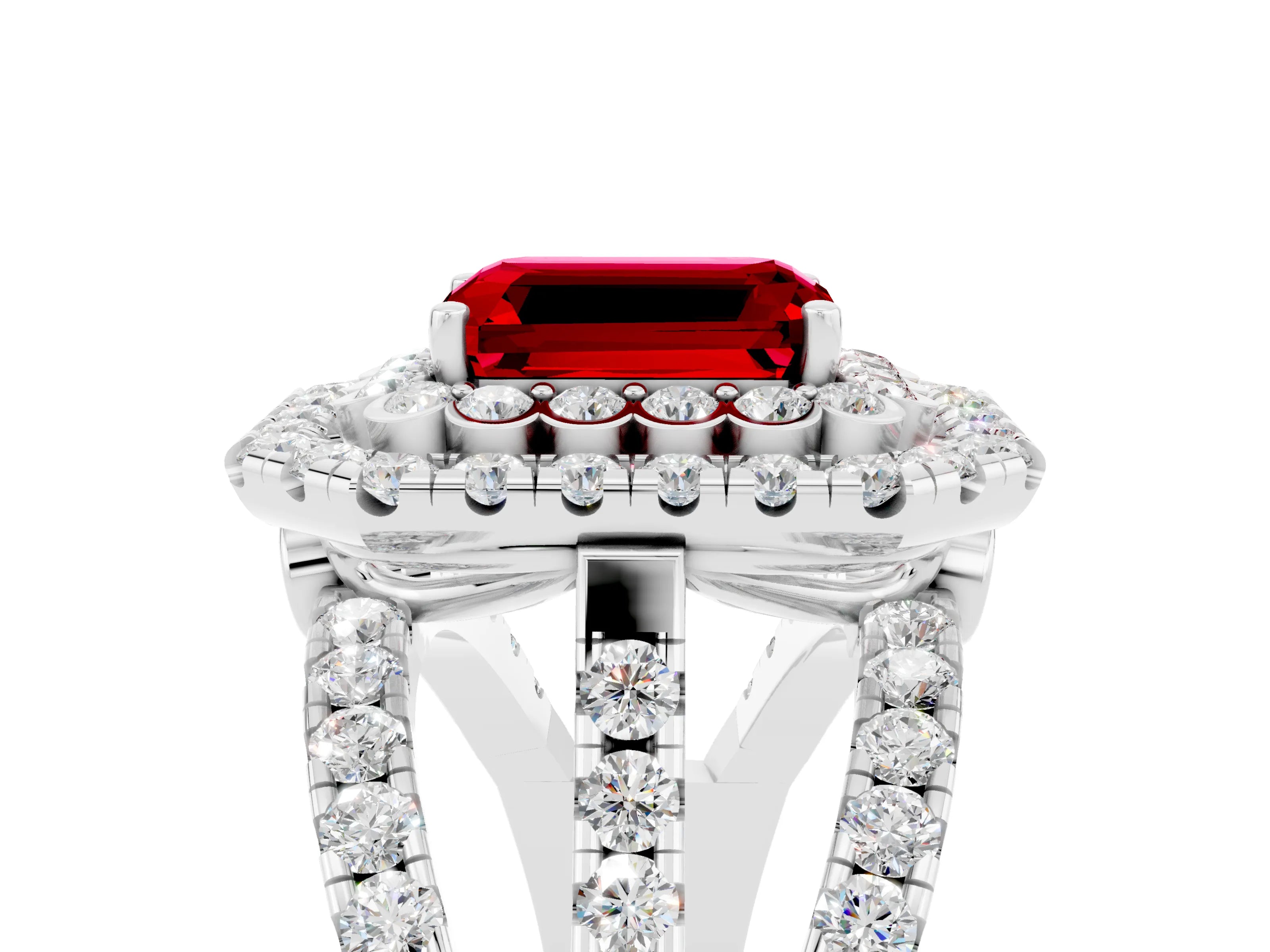 White gold Double Halo Emerald Cut Diamond Split Shank Pave Set Ring_5