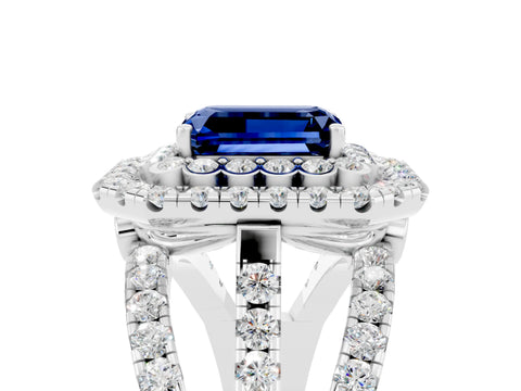 White gold Double Halo Emerald Cut Diamond Split Shank Pave Set Ring_5