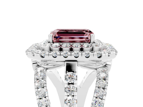White gold Double Halo Emerald Cut Diamond Split Shank Pave Set Ring_5