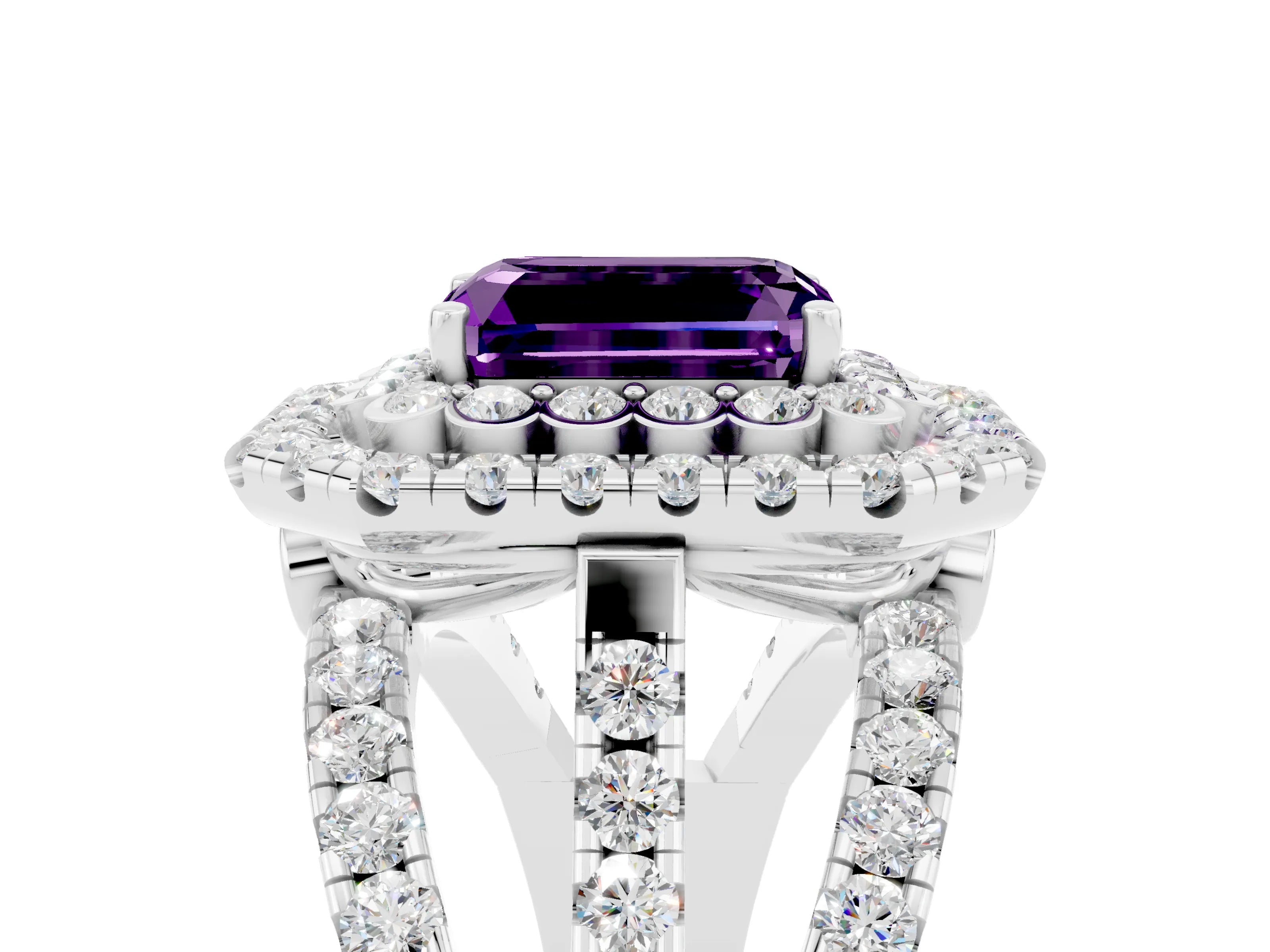 White gold Double Halo Emerald Cut Diamond Split Shank Pave Set Ring_5