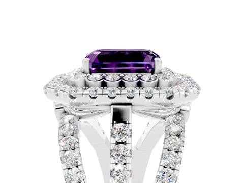 White gold Double Halo Emerald Cut Diamond Split Shank Pave Set Ring_5