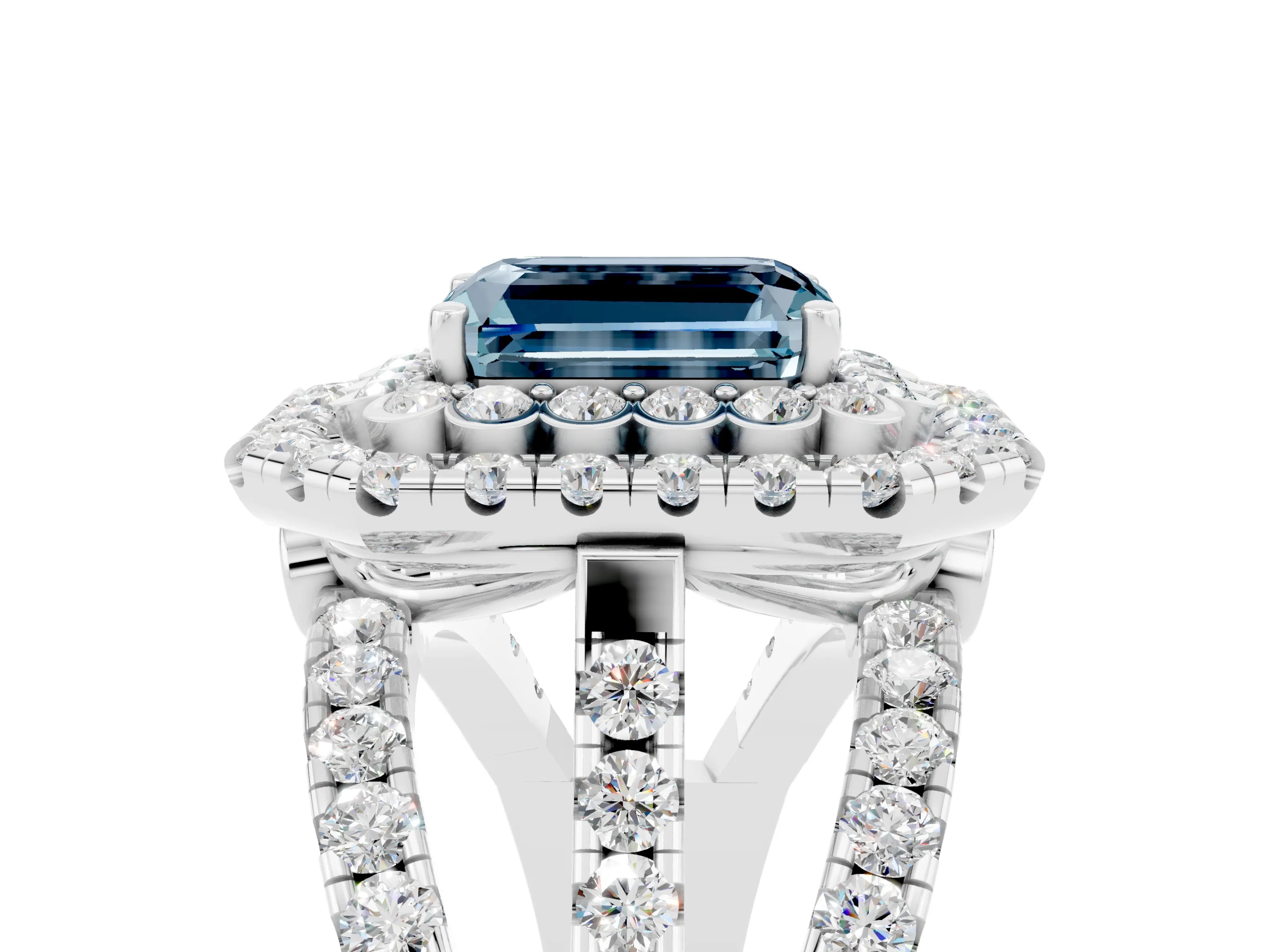 White gold Double Halo Emerald Cut Diamond Split Shank Pave Set Ring_5