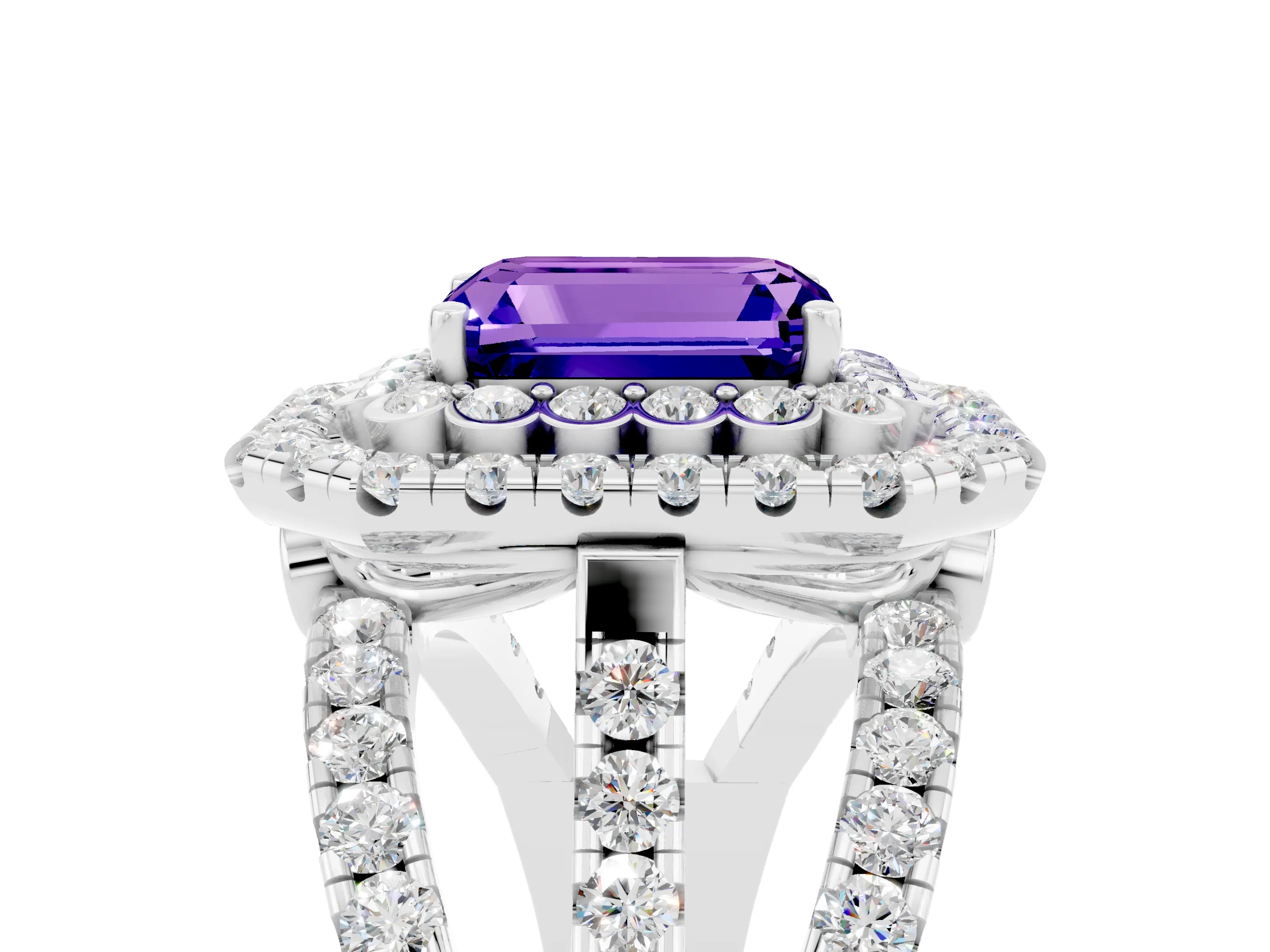 White gold Double Halo Emerald Cut Diamond Split Shank Pave Set Ring_5