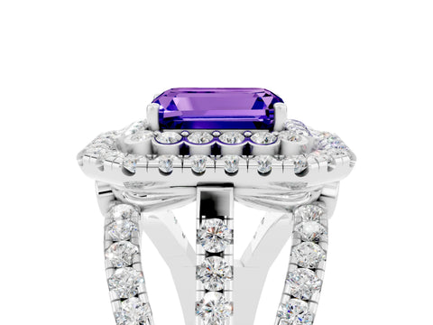 White gold Double Halo Emerald Cut Diamond Split Shank Pave Set Ring_5