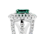White gold Double Halo Emerald Cut Diamond Split Shank Pave Set Ring_5