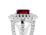 White gold Double Halo Emerald Cut Diamond Split Shank Pave Set Ring_5