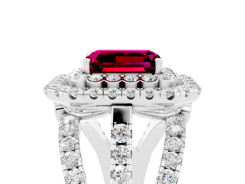 White gold Double Halo Emerald Cut Diamond Split Shank Pave Set Ring_5