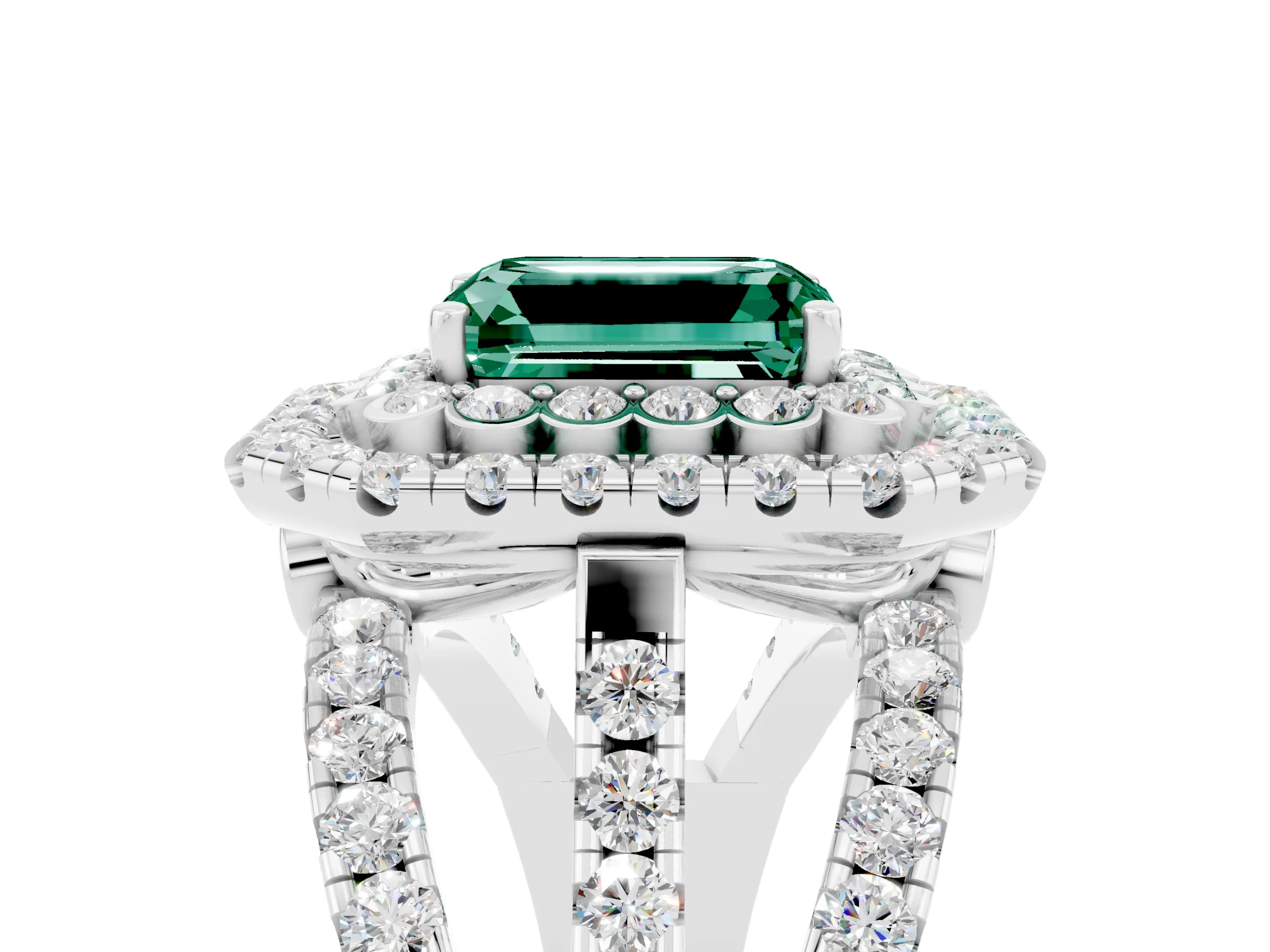 White gold Double Halo Emerald Cut Diamond Split Shank Pave Set Ring_5