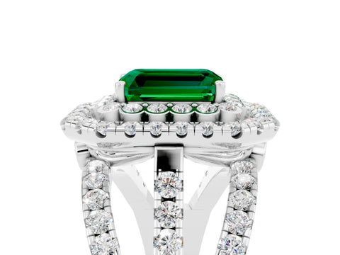 White gold Double Halo Emerald Cut Diamond Split Shank Pave Set Ring_5