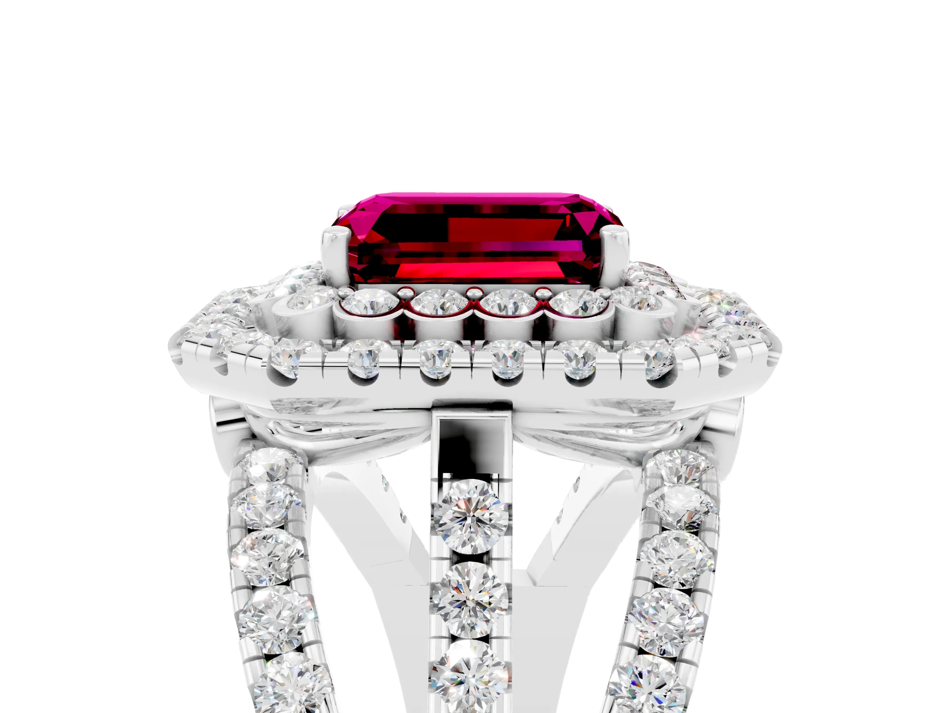 White gold Double Halo Emerald Cut Diamond Split Shank Pave Set Ring_5