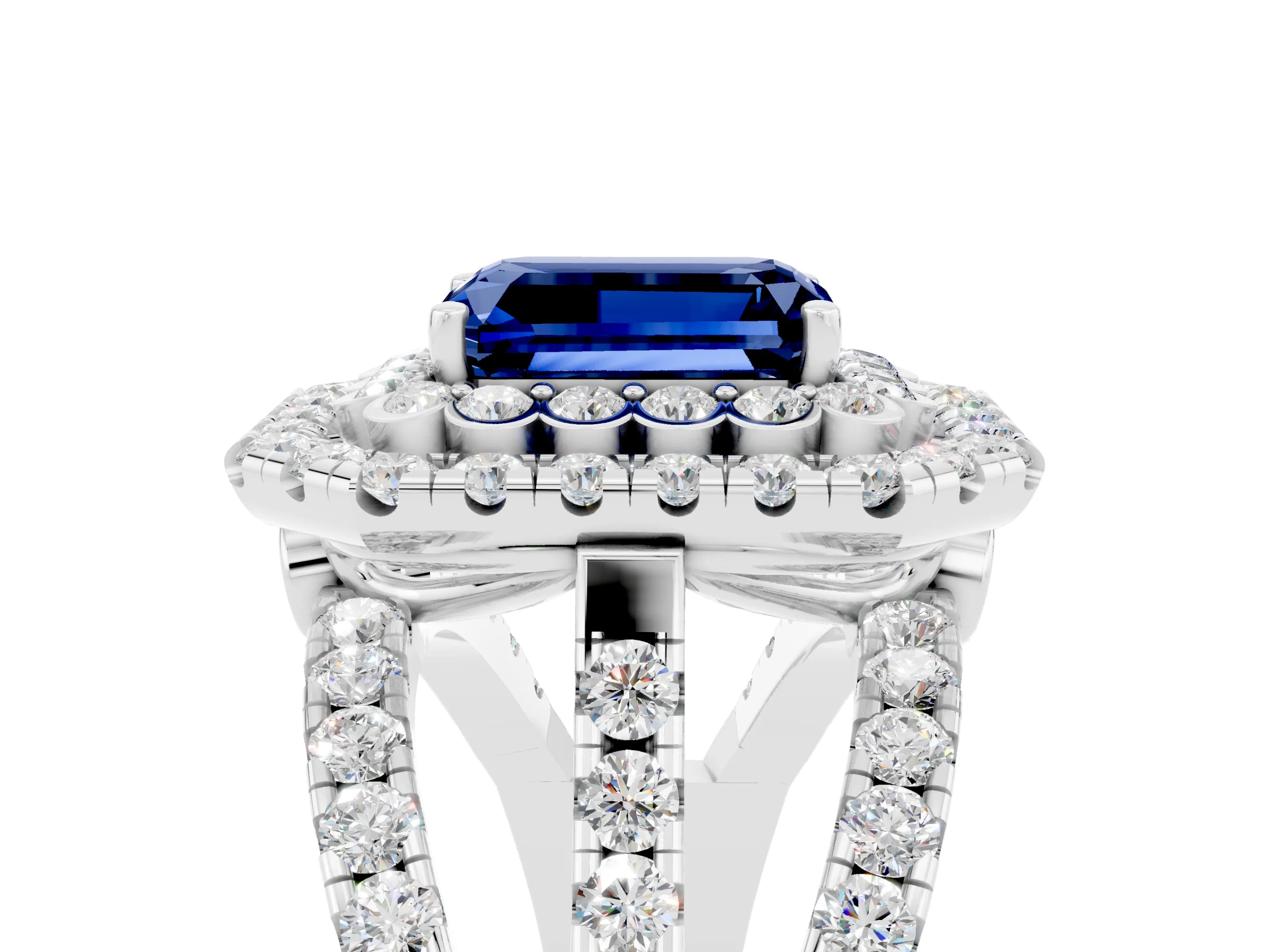 White gold Double Halo Emerald Cut Diamond Split Shank Pave Set Ring_5