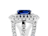 White gold Double Halo Emerald Cut Diamond Split Shank Pave Set Ring_5