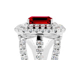 White gold Double Halo Emerald Cut Diamond Split Shank Pave Set Ring_5