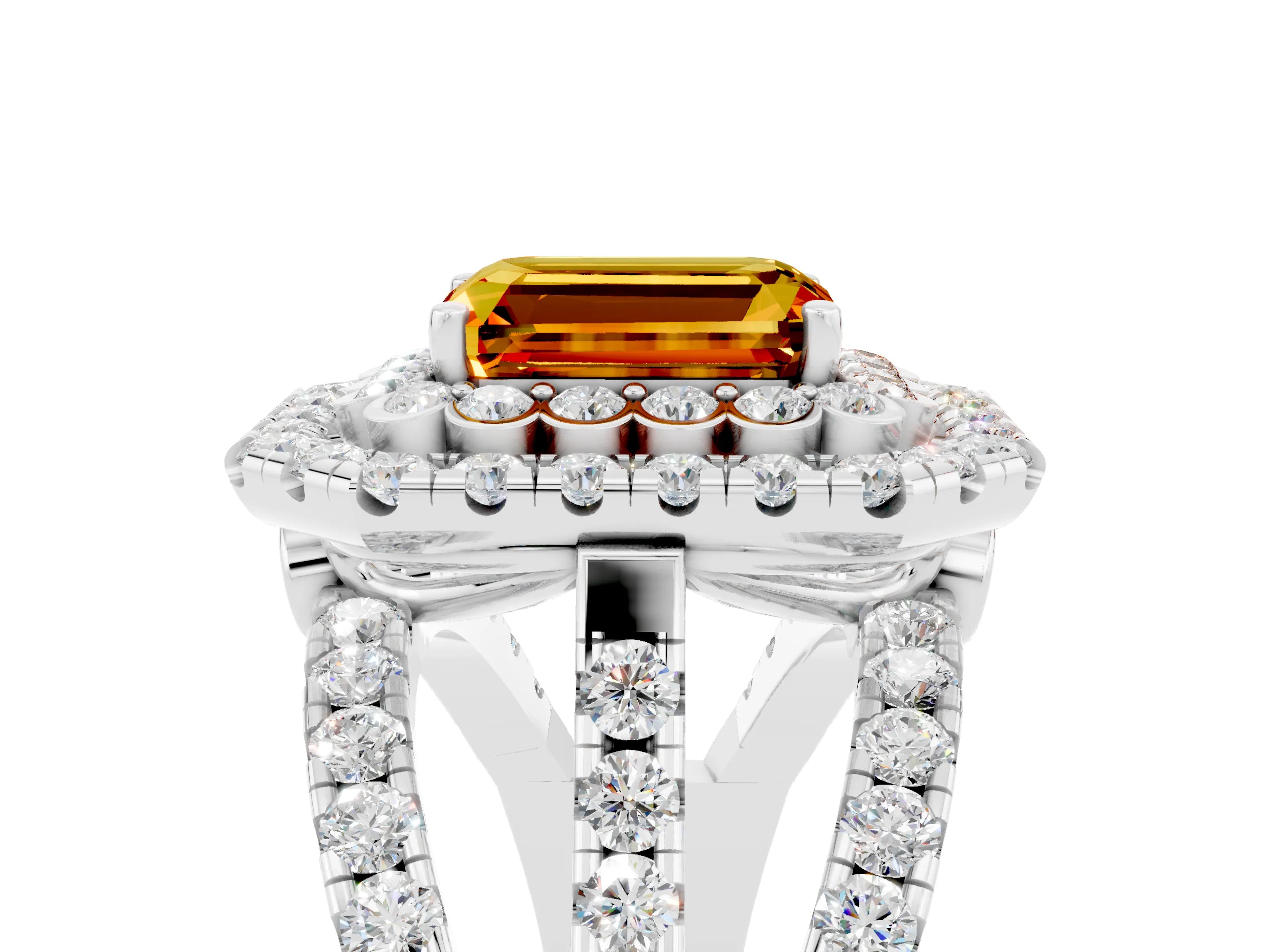White gold Double Halo Emerald Cut Diamond Split Shank Pave Set Ring_5