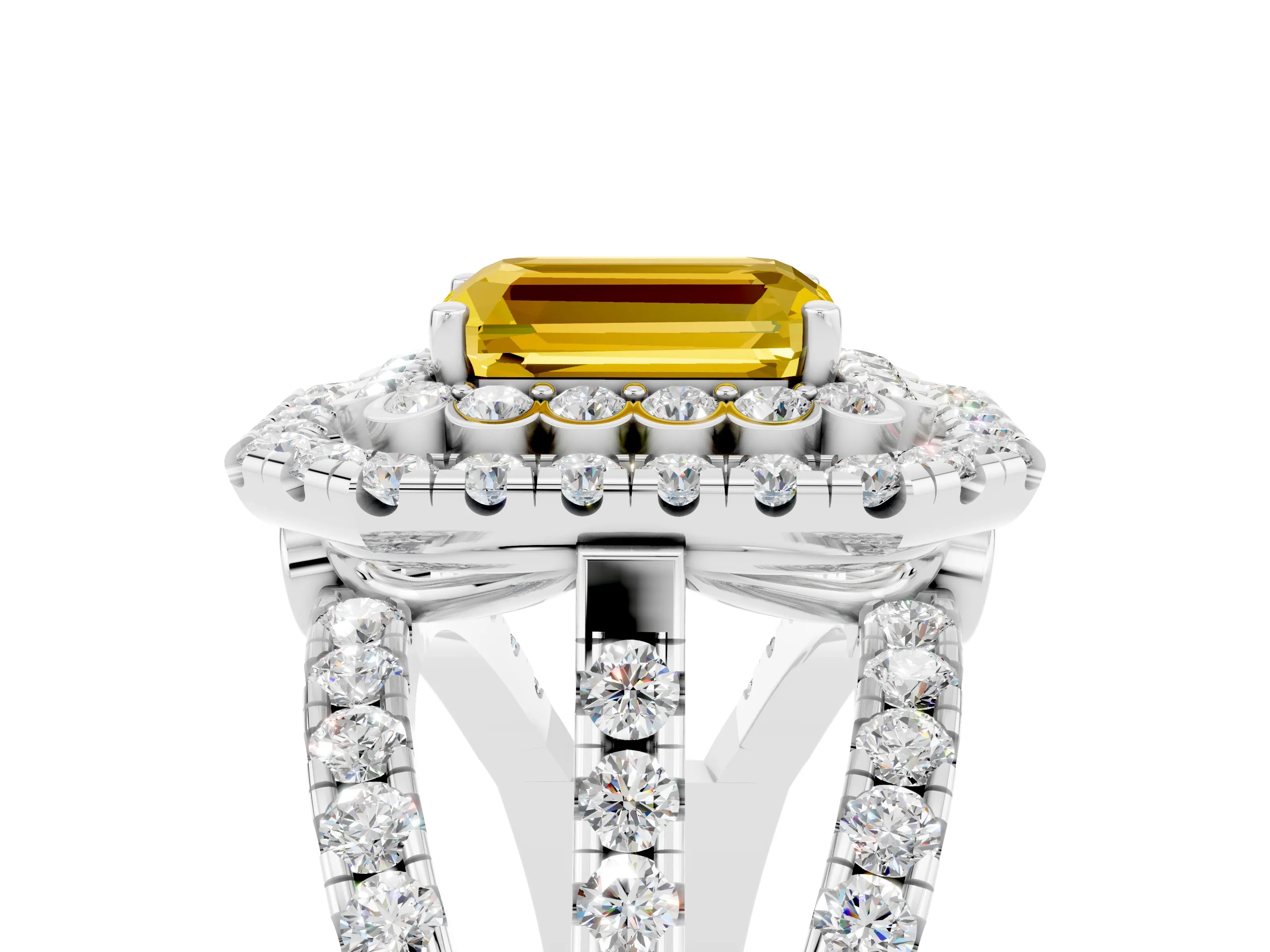 White gold Double Halo Emerald Cut Diamond Split Shank Pave Set Ring_5