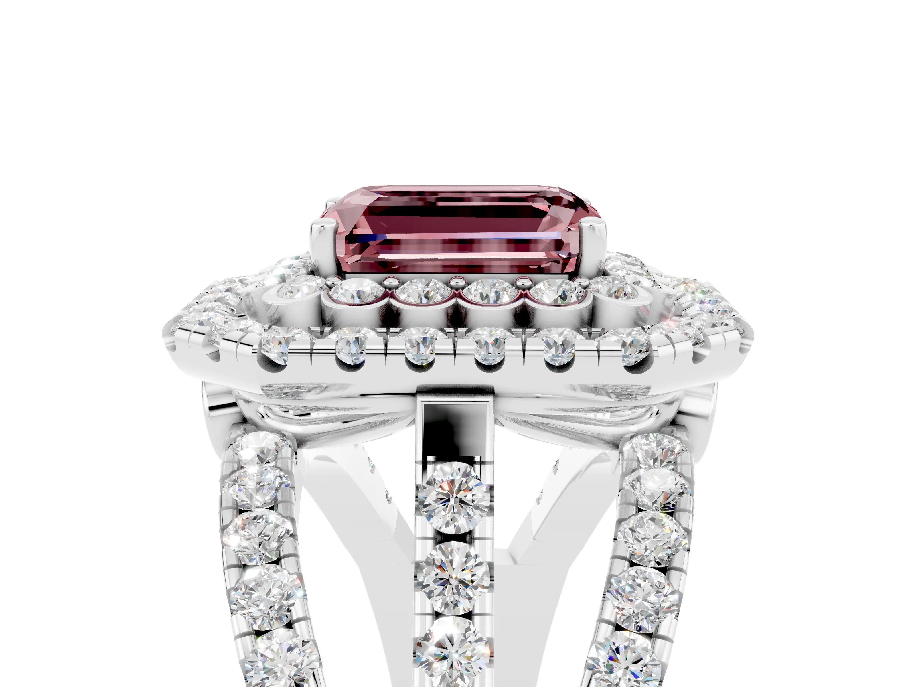 White gold Double Halo Emerald Cut Diamond Split Shank Pave Set Ring_5