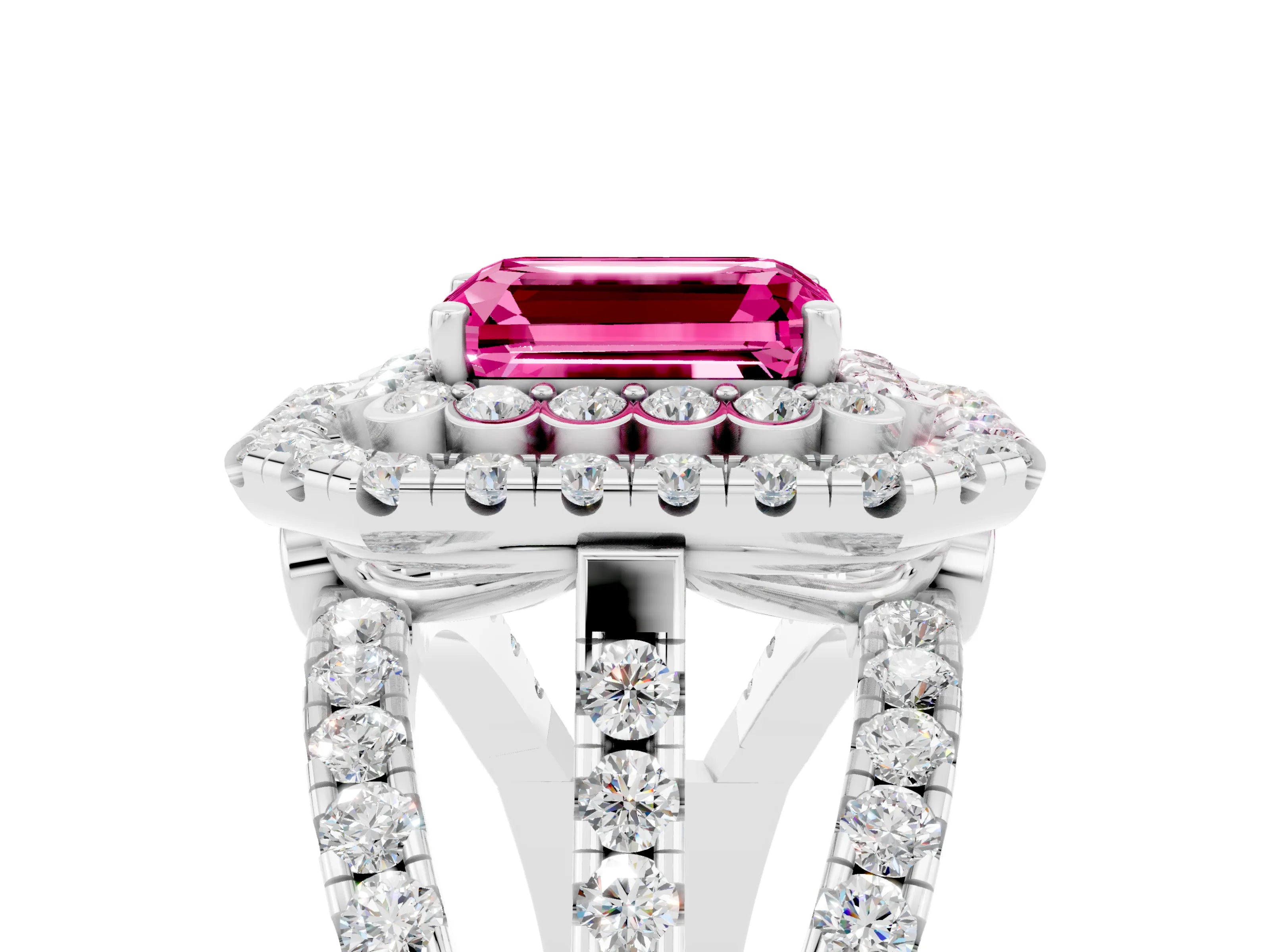 White gold Double Halo Emerald Cut Diamond Split Shank Pave Set Ring_5