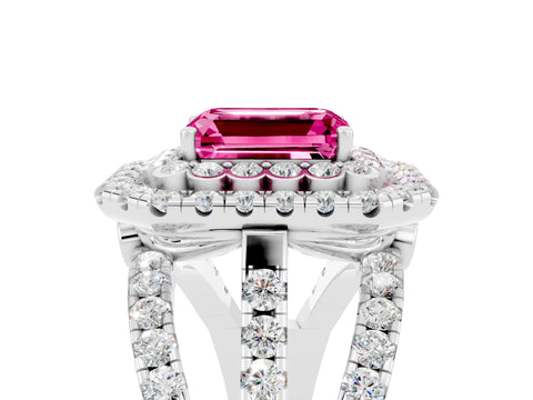 White gold Double Halo Emerald Cut Diamond Split Shank Pave Set Ring_5