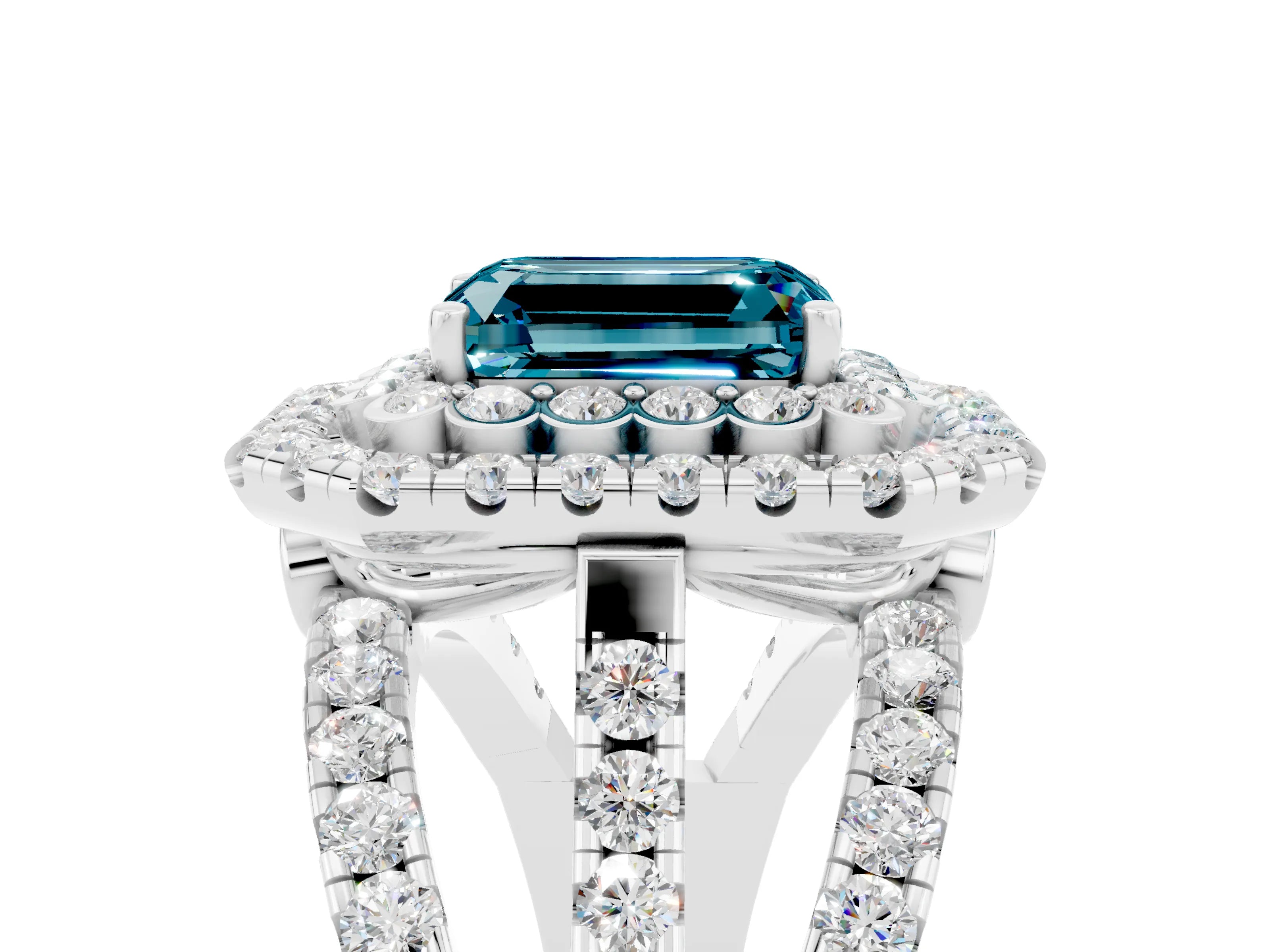 White gold Double Halo Emerald Cut Diamond Split Shank Pave Set Ring_5