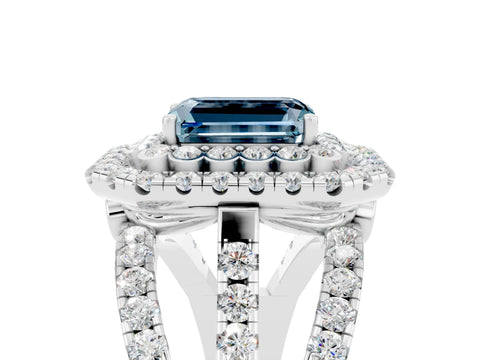 White gold Double Halo Emerald Cut Diamond Split Shank Pave Set Ring_5