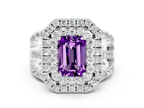White gold Emerald Cut Amethyst Double Halo Ring with Round Pavé Split Shank and Prong Setting