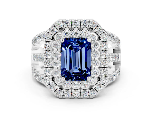 Platinum Emerald Cut Blue Sapphire Double Halo Ring with Round Pavé Split Shank and Prong Setting