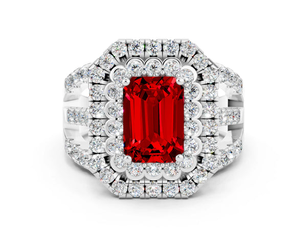White gold Double Halo Emerald Cut Diamond Split Shank Pave Set Ring