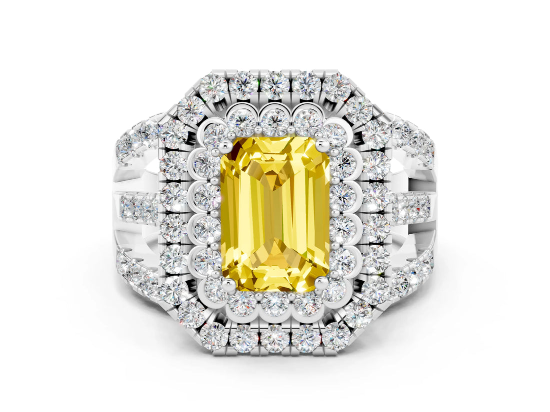 White gold Double Halo Emerald Cut Diamond Split Shank Pave Set Ring