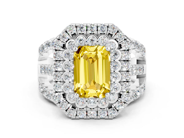 Platinum Emerald Cut Yellow Sapphire Double Halo Ring with Round Pavé Split Shank and Prong Setting