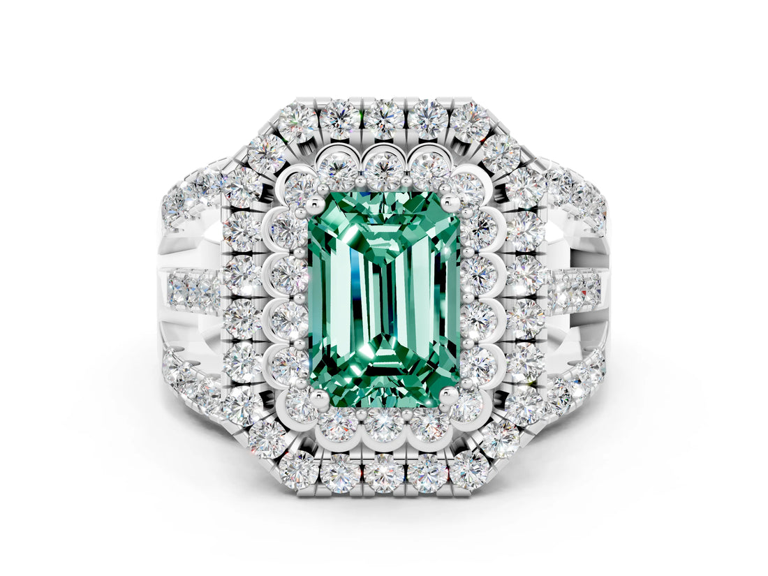 White gold Double Halo Emerald Cut Diamond Split Shank Pave Set Ring