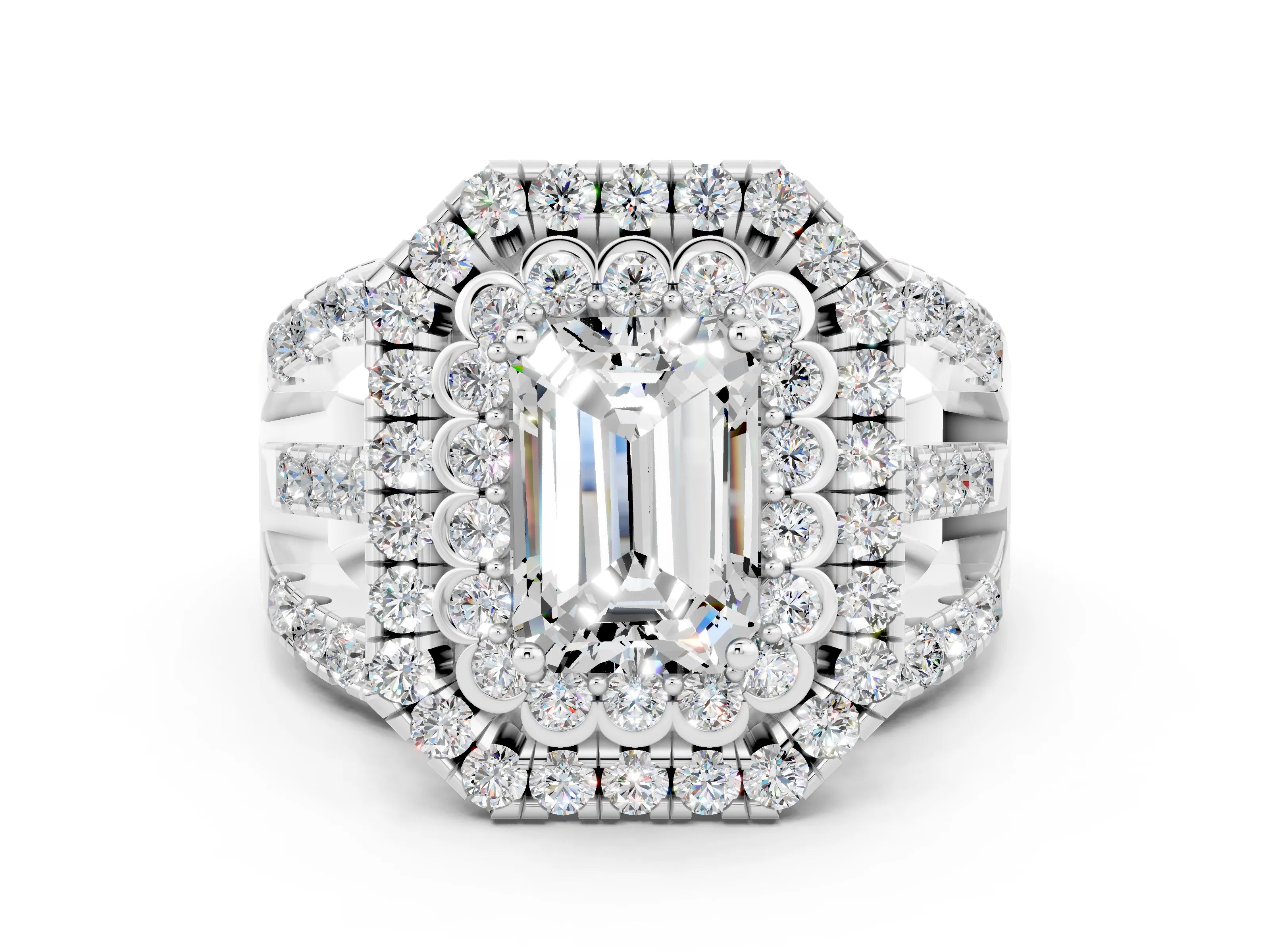 White gold Double Halo Emerald Cut Diamond Split Shank Pave Set Ring