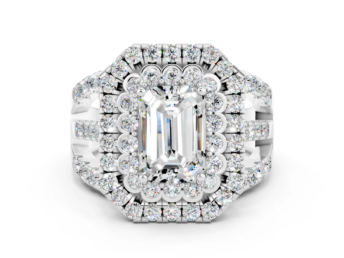 White gold Double Halo Emerald Cut Diamond Split Shank Pave Set Ring